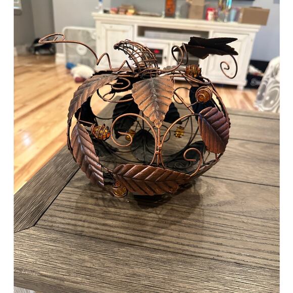 Rustic Bronze Metal Pumpkin With Orange Gems - Picture 1 of 4